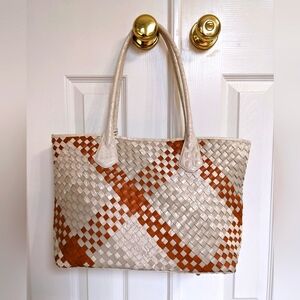 Brahmin Elegant Woven Leather Tote Bag - Cream and Tan. VGUC